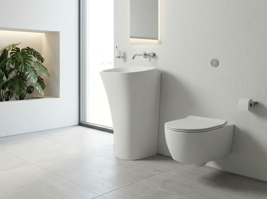 Bathroom sanitaryware including WCs, basins and faucets